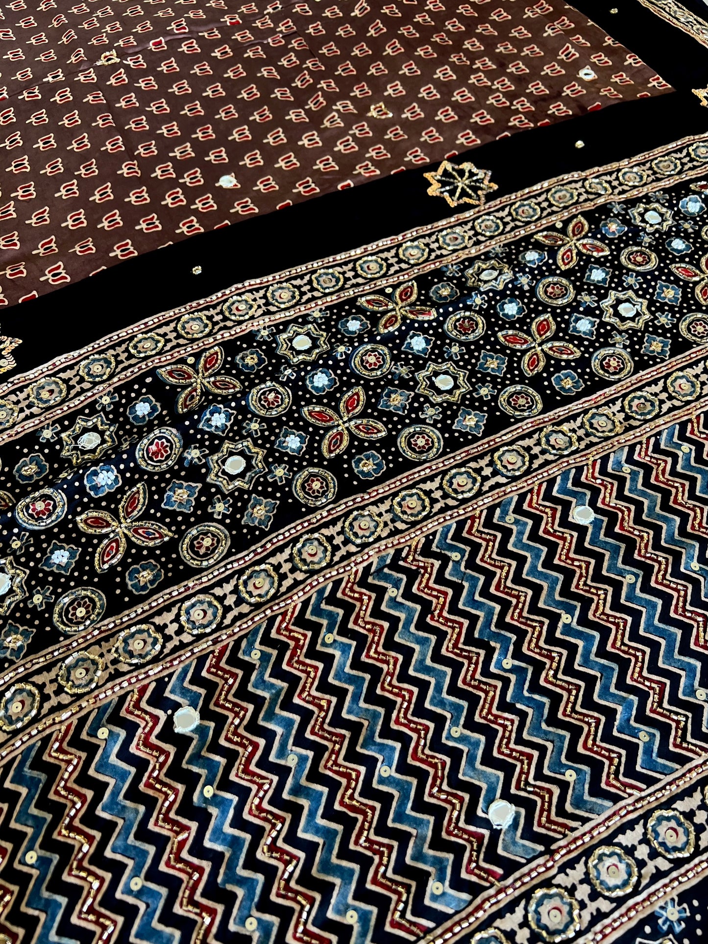 COCOA BLOOM - Pure Modal Ajrakh Hand Embroidered Saree