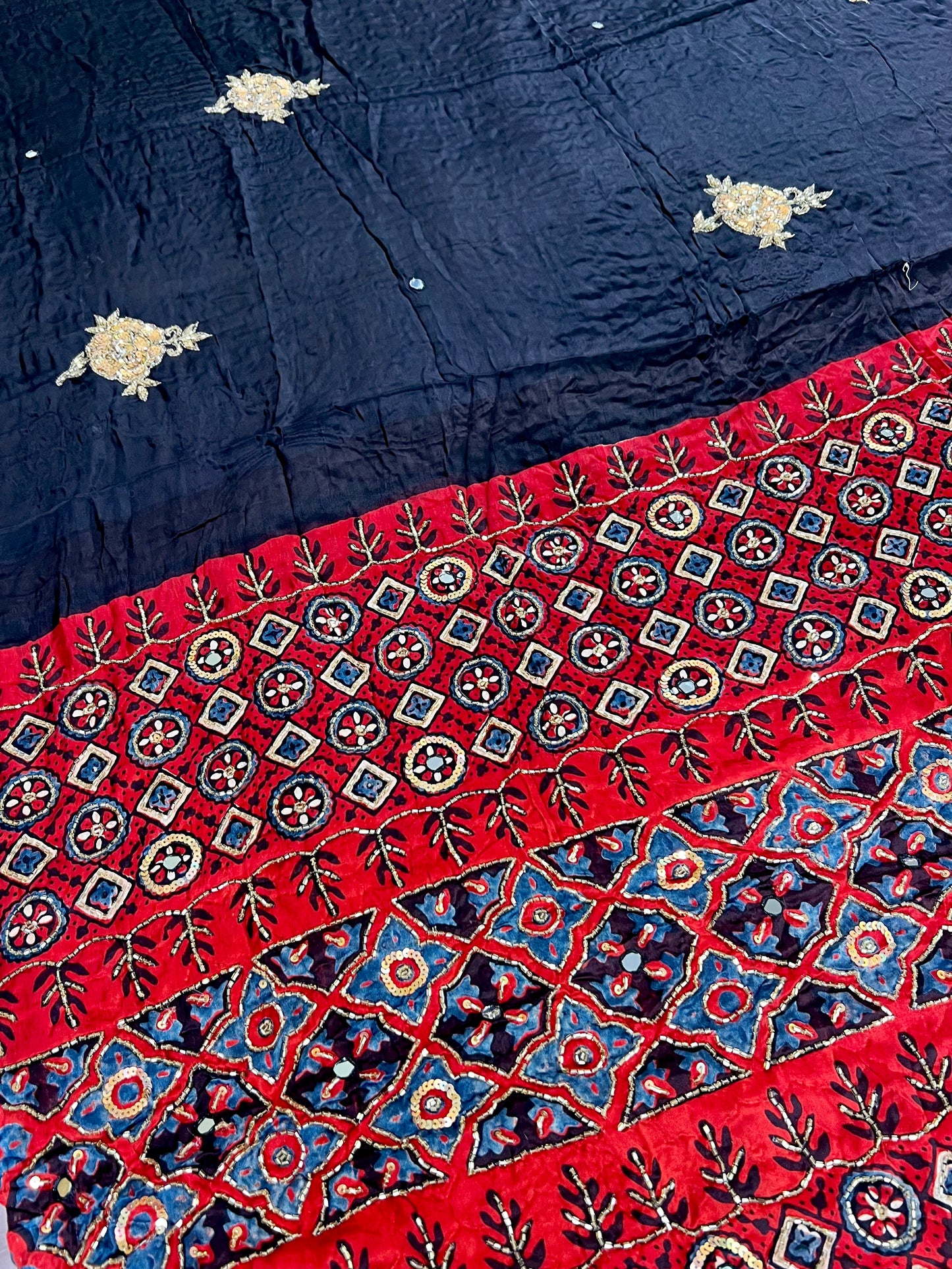TWILIGHT ROSE - Pure Modal Ajrakh Hand Embroidered Saree