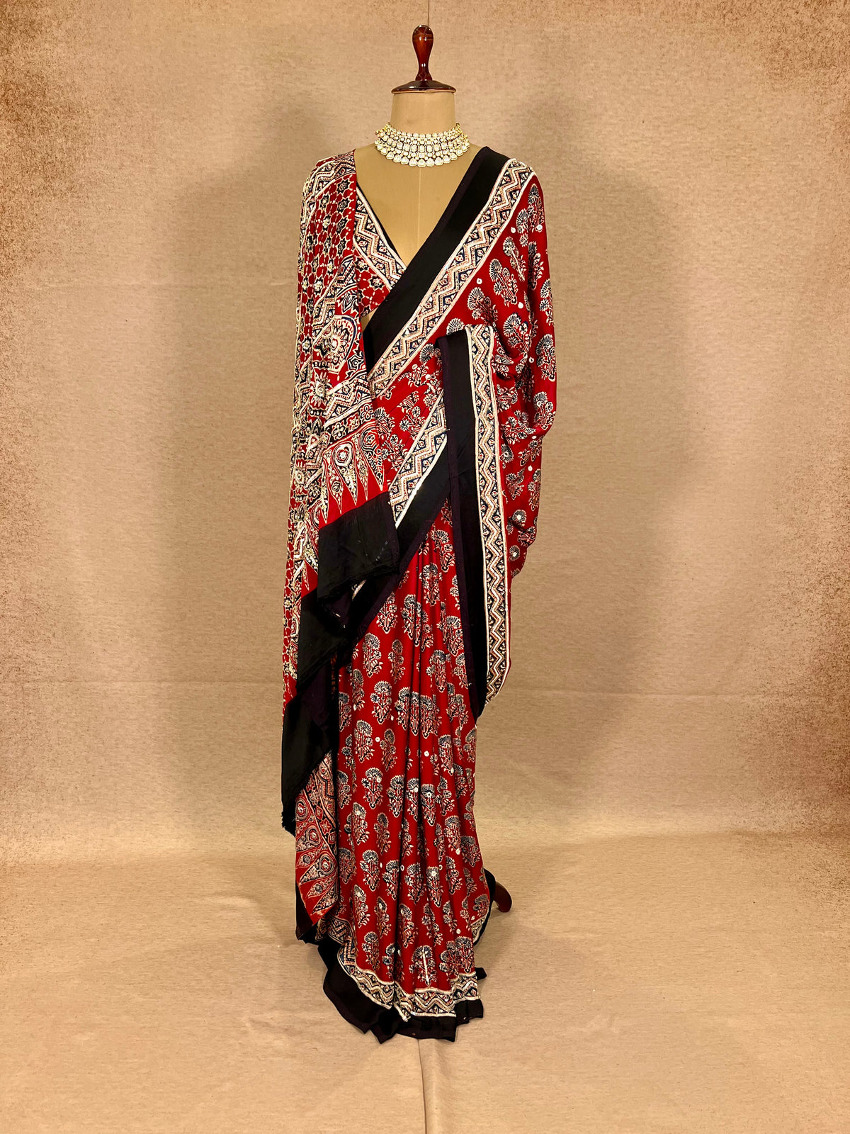 PASSION BLOOM - Pure Modal Ajrakh Hand Embroidered Saree
