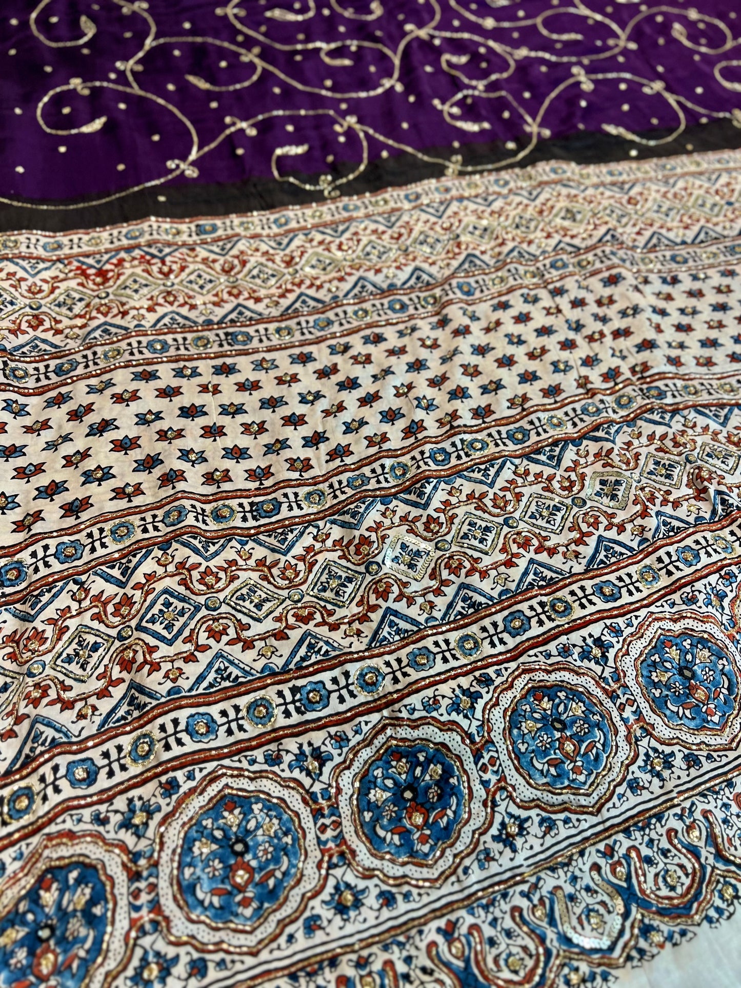 MOONLIT AMETHYST - Pure Modal Ajrakh Hand Embroidered Saree