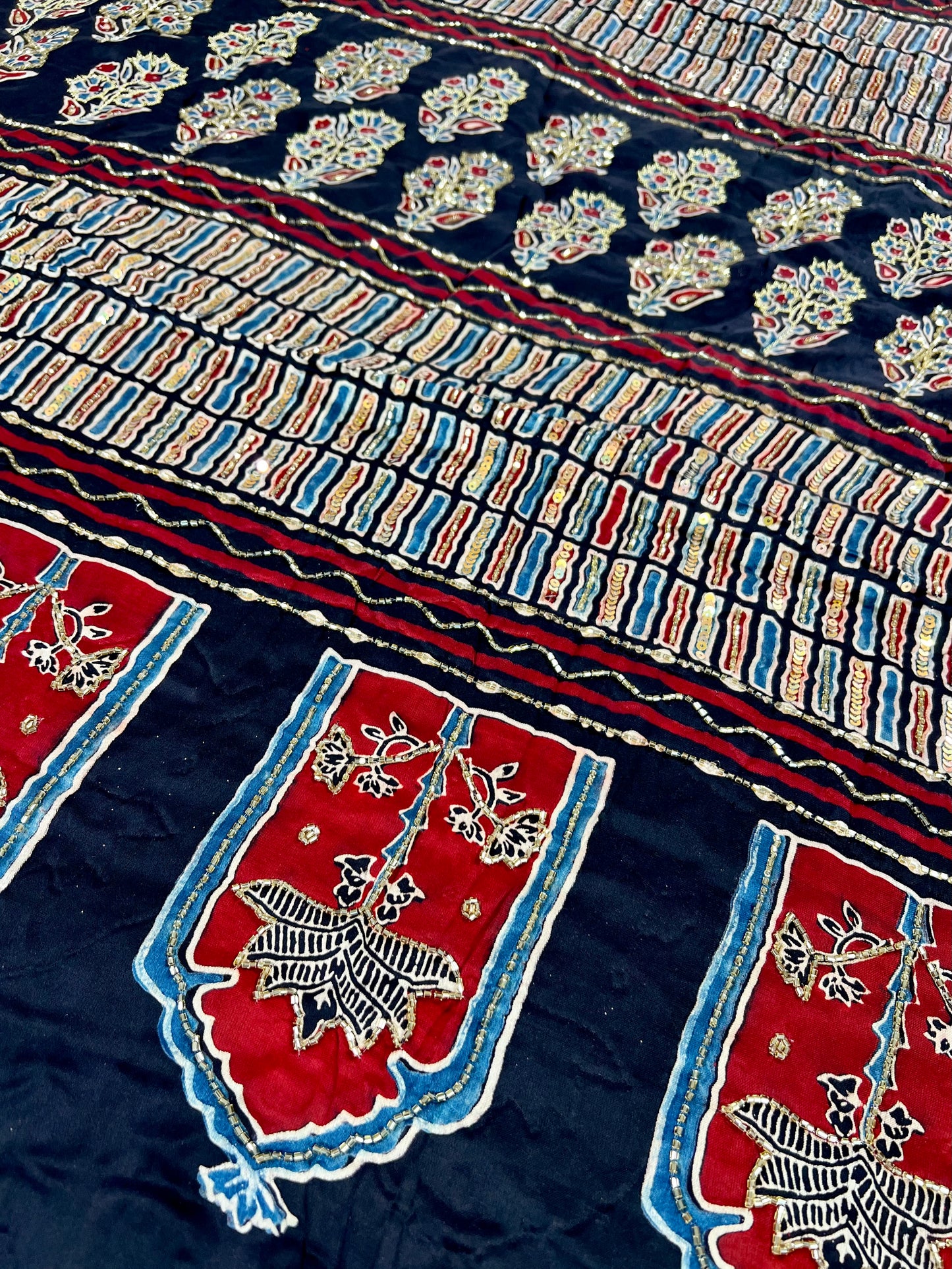 NIGHT ROSE - Pure Modal Ajrakh Hand Embroidered Saree
