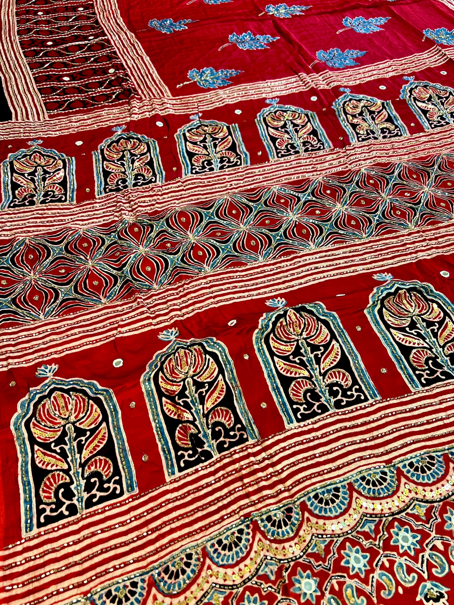 CRIMSON BLOOM - - Pure Modal Ajrakh Hand Embroidered Saree