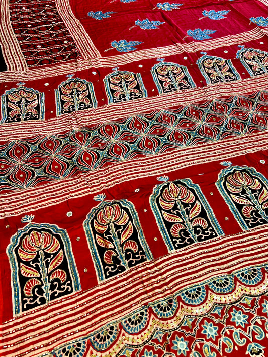 CRIMSON BLOOM - - Pure Modal Ajrakh Hand Embroidered Saree