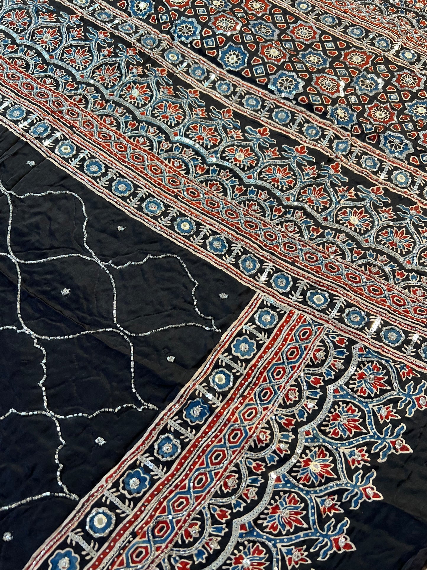 BLACK DAHLIA - Pure Modal Ajrakh Hand Embroidered Saree