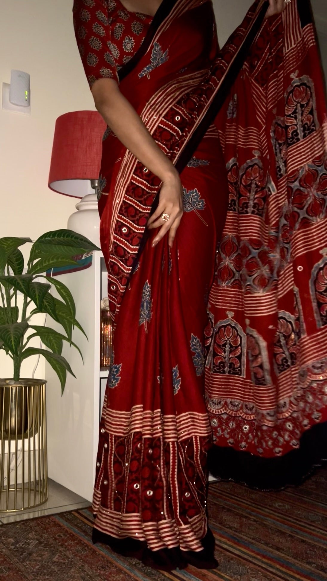 CRIMSON BLOOM - - Pure Modal Ajrakh Hand Embroidered Saree