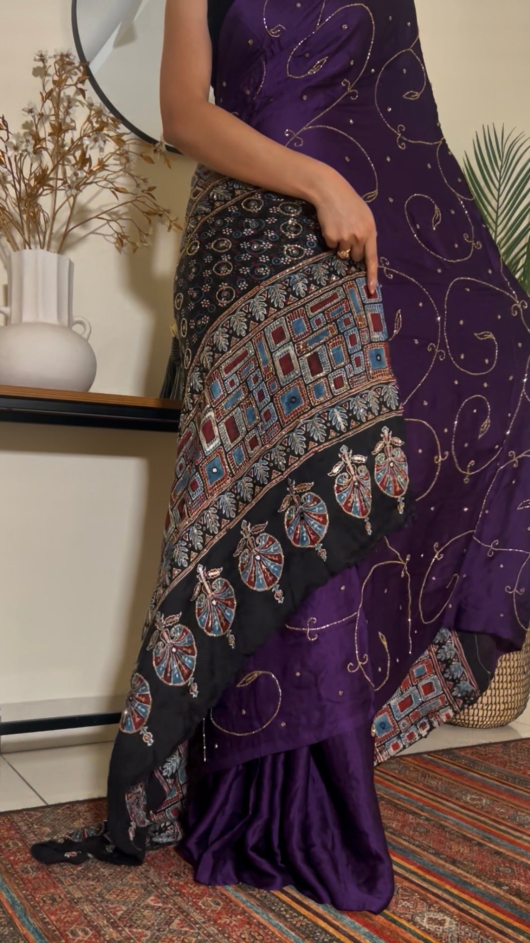 MIDNIGHT AMETHYST - Pure Modal Ajrakh Hand Embroidered Saree