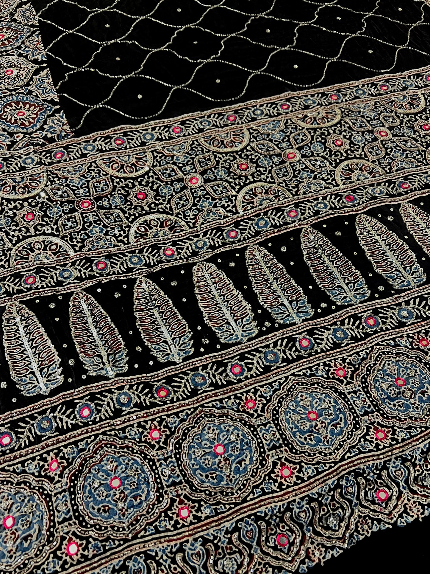 MIDNIGHT GALAXY - Pure Modal Ajrakh Hand Embroidered Saree
