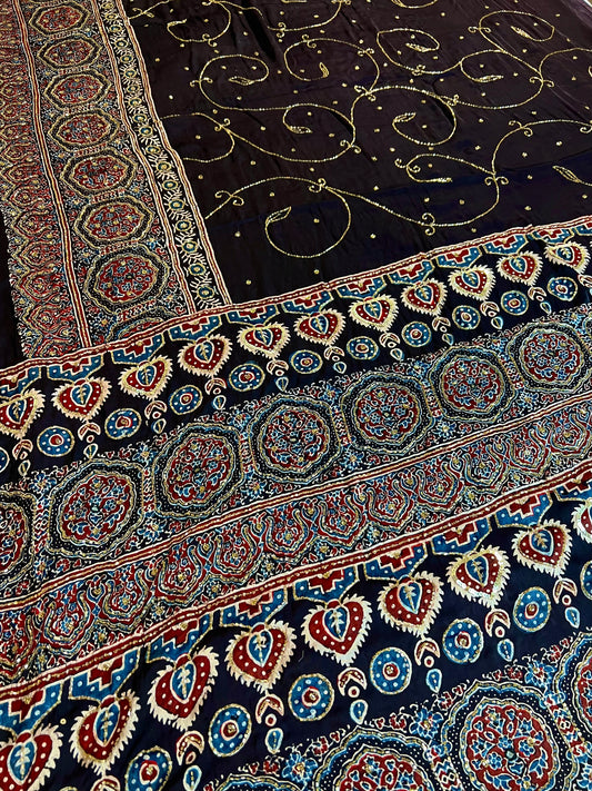 MIDNIGHT SHIMMER - Pure Modal Ajrakh Hand Embroidered Saree