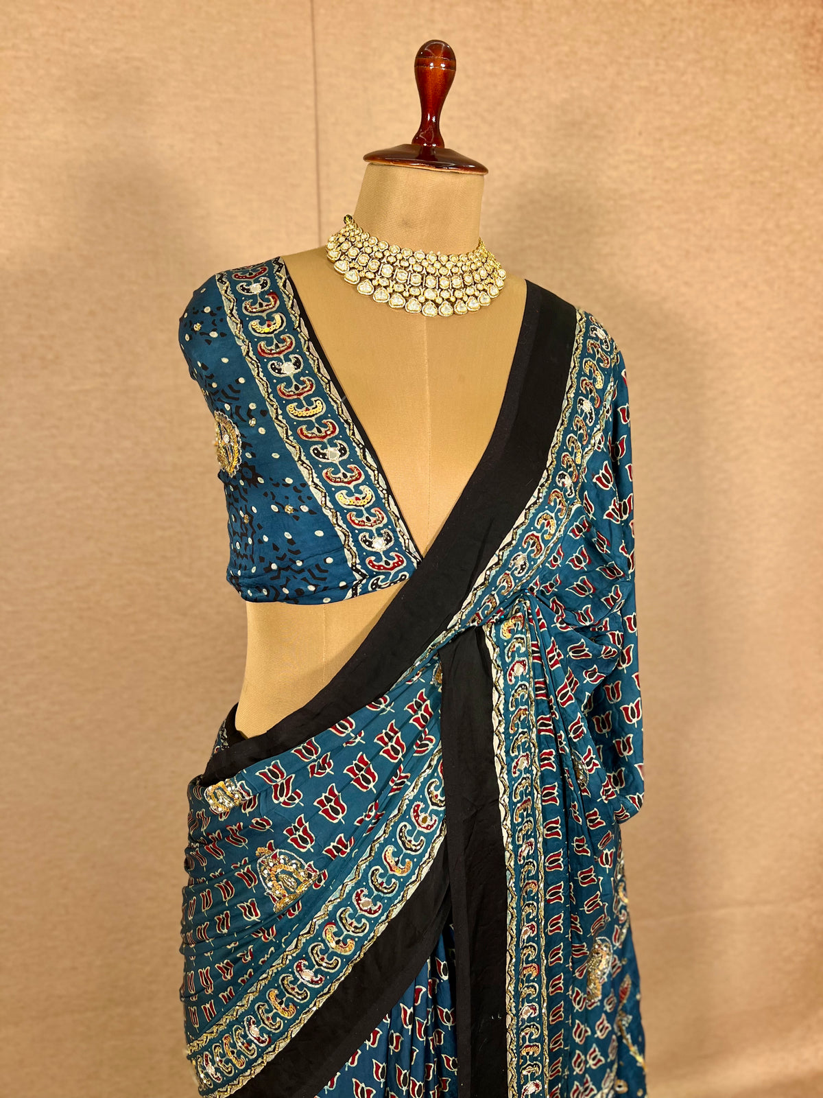 DIVINE SPARKLE - Pure Modal Ajrakh Hand Embroidered Saree