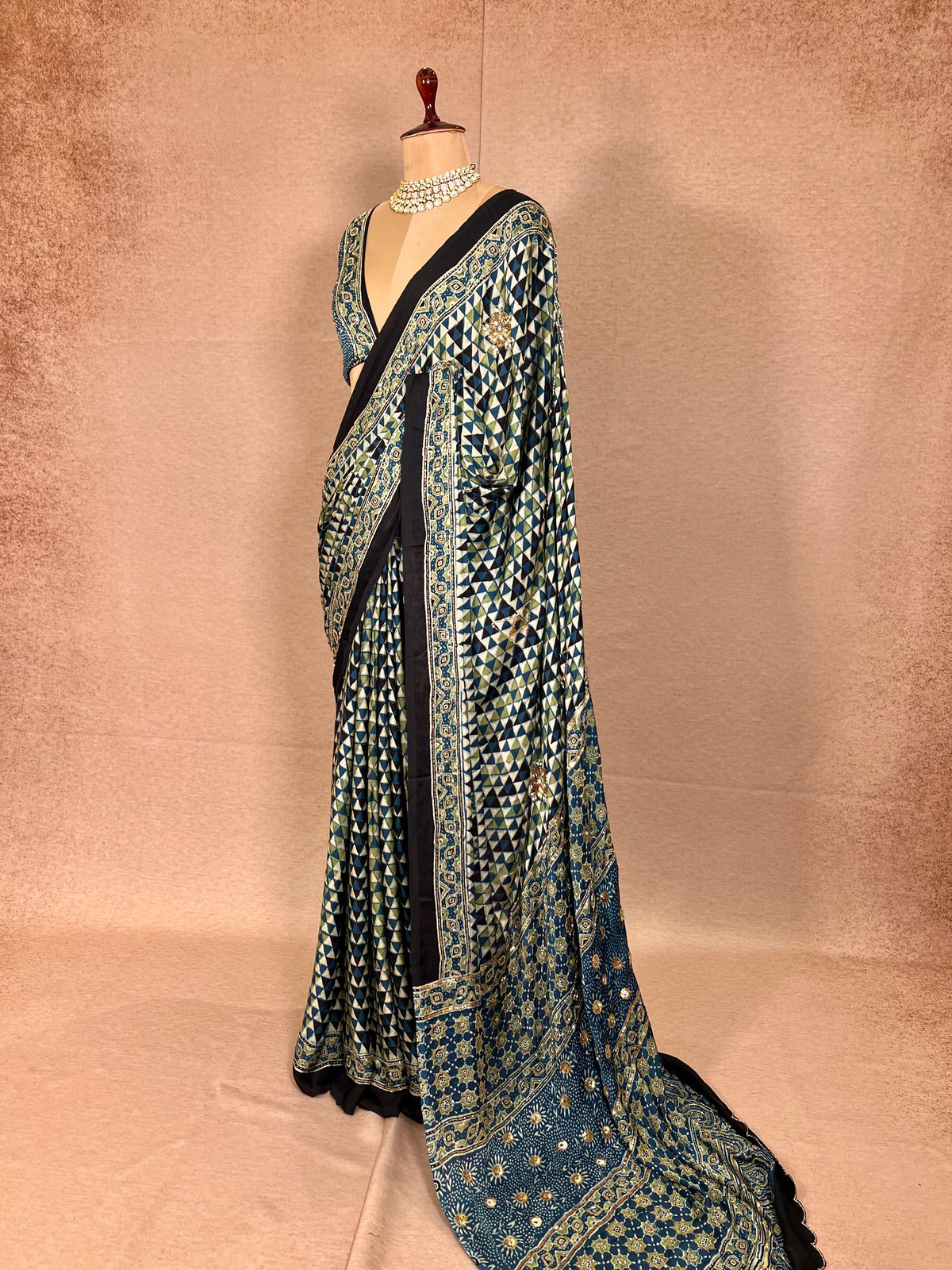 LAGOON DREAM - Pure Modal Ajrakh Hand Embroidered Saree