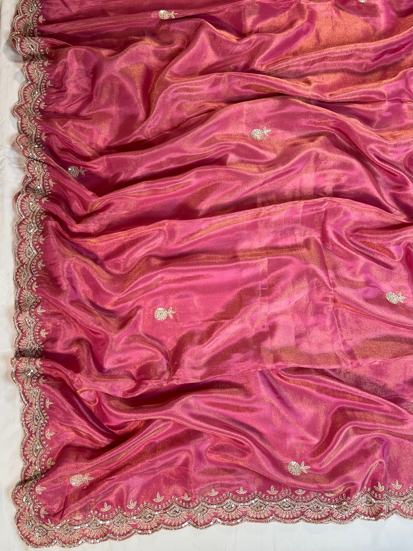 Pink Zardosi Embroidered Tissue Designer Saree with Unstitched Blouse