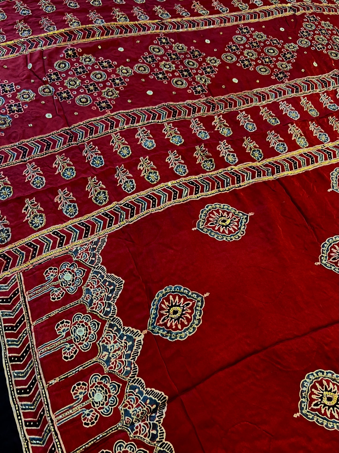 GARNET FLAME - Pure Modal Ajrakh Hand Embroidered Saree
