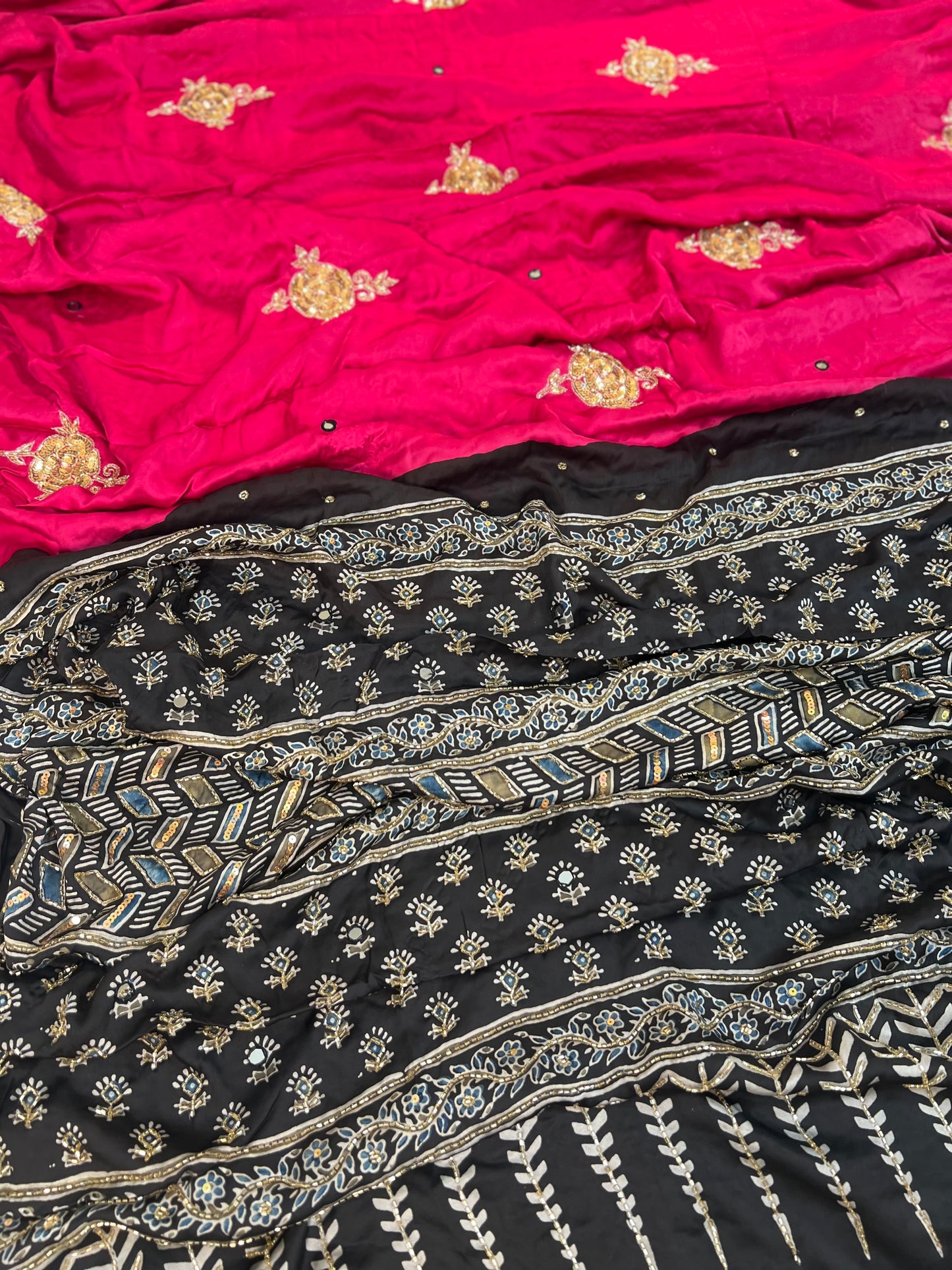 CANDY ROSE - Pure Modal Ajrakh Hand Embroidered Saree
