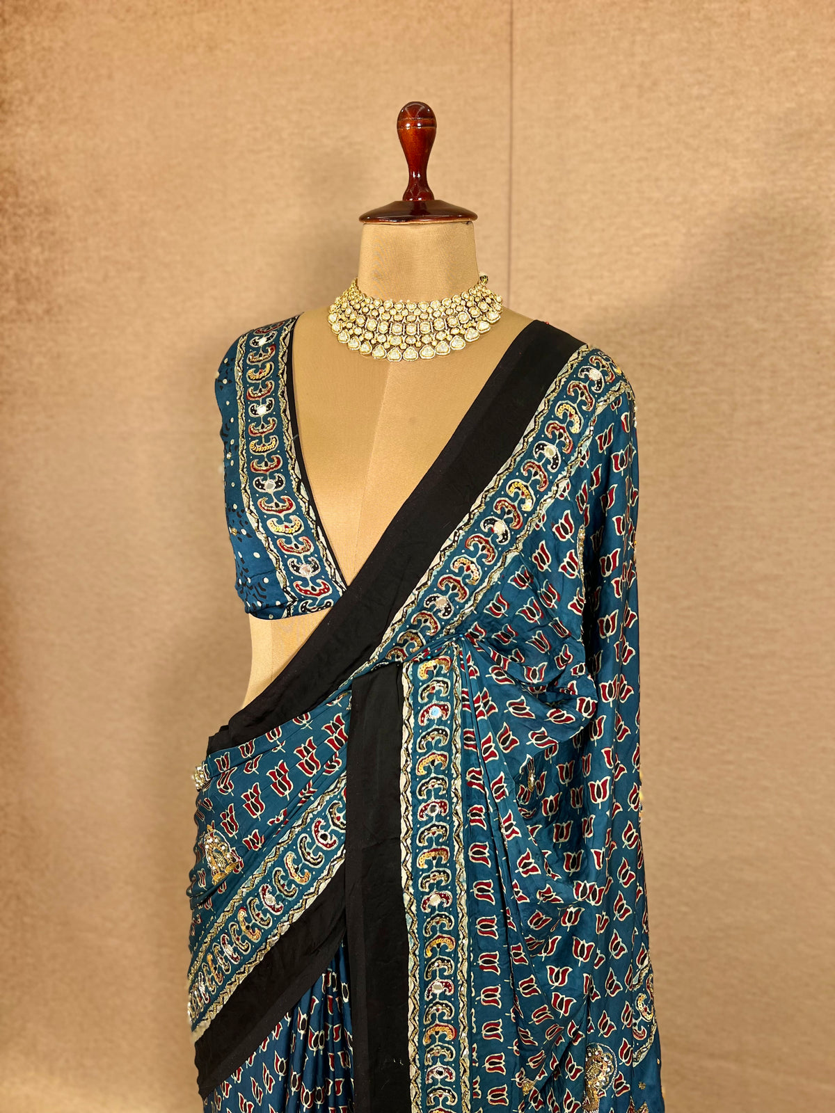 DIVINE SPARKLE - Pure Modal Ajrakh Hand Embroidered Saree