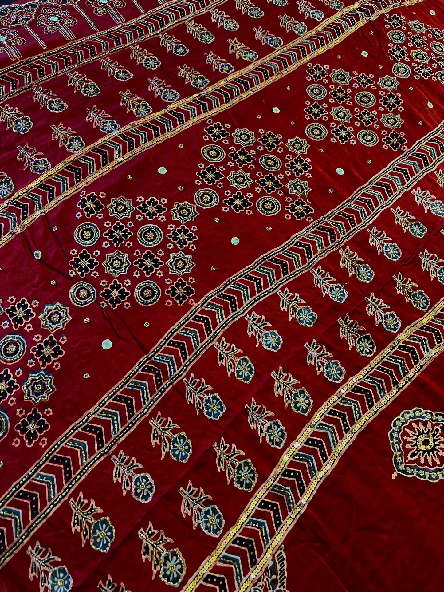 GARNET FLAME - Pure Modal Ajrakh Hand Embroidered Saree