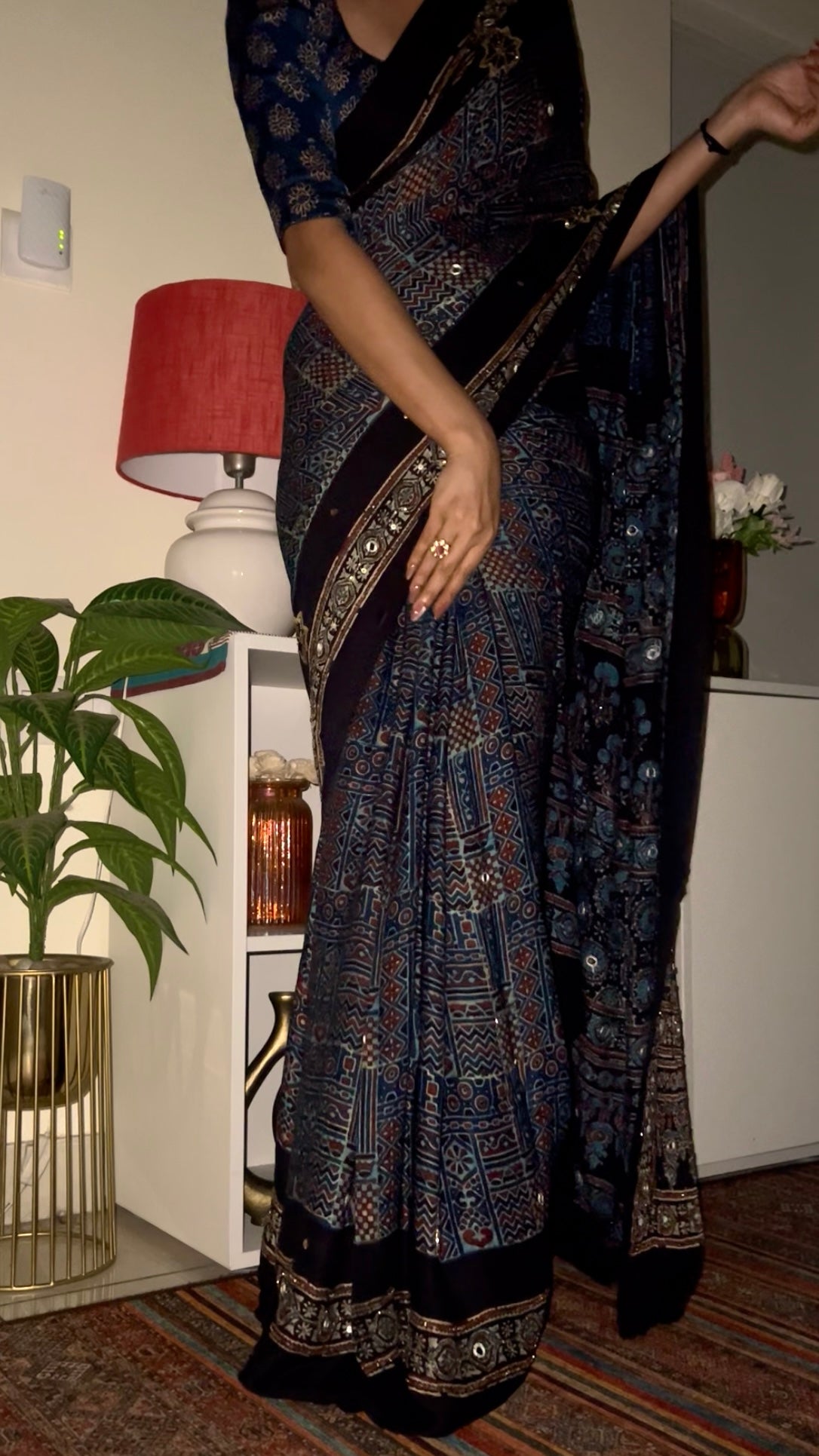 ASTRAL BLUE - Pure Modal Ajrakh Hand Embroidered Saree