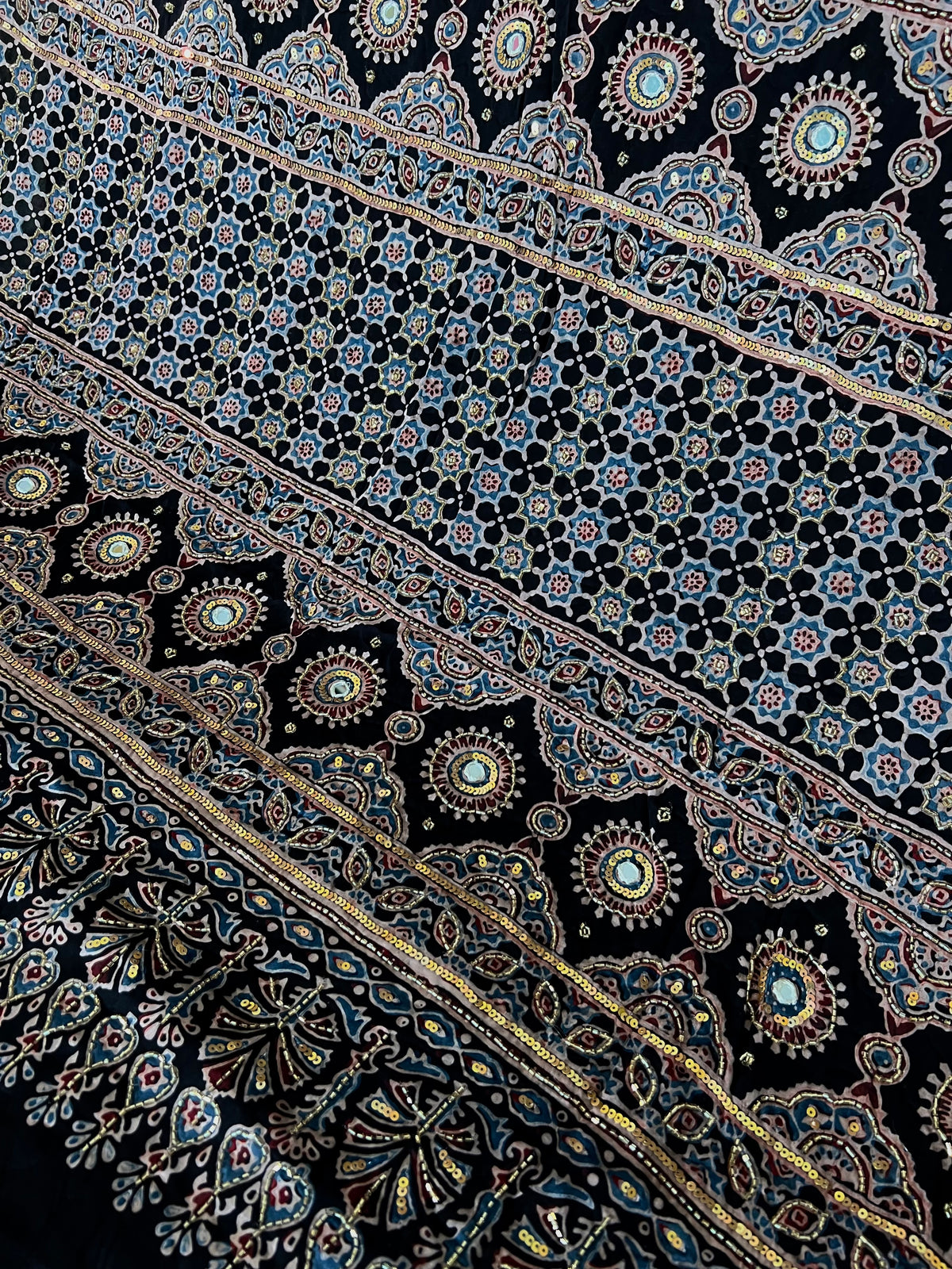 LUNAR BLOOM - Pure Modal Ajrakh Hand Embroidered Saree