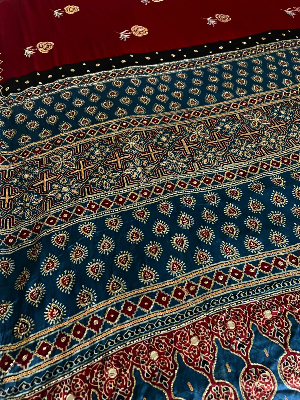 DESIRE ROSE - Pure Modal Ajrakh Hand Embroidered Saree