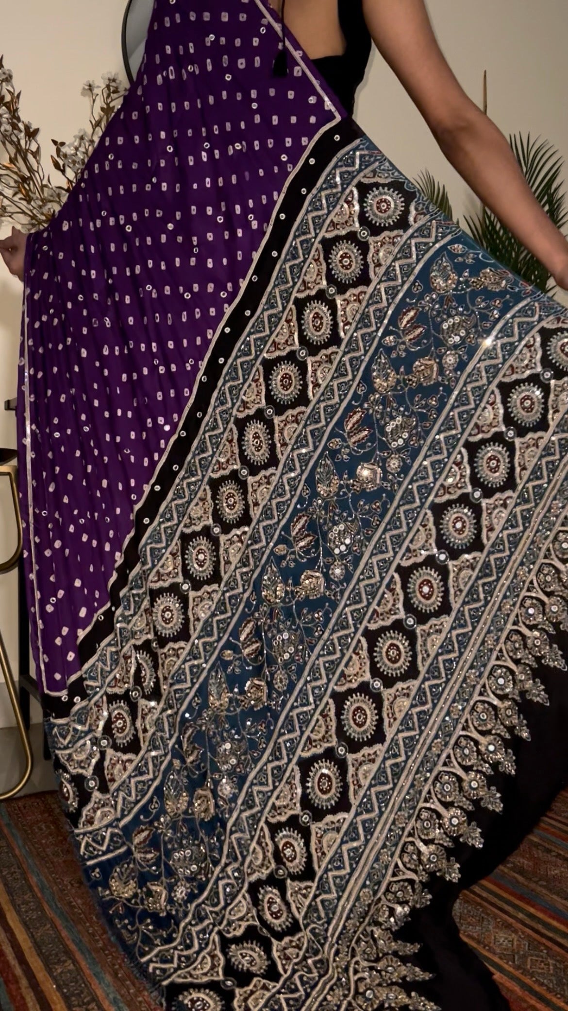 PURPLE ROYALE BANDHANI - Pure Modal Bandhani Ajrakh Hand Embroidered Saree