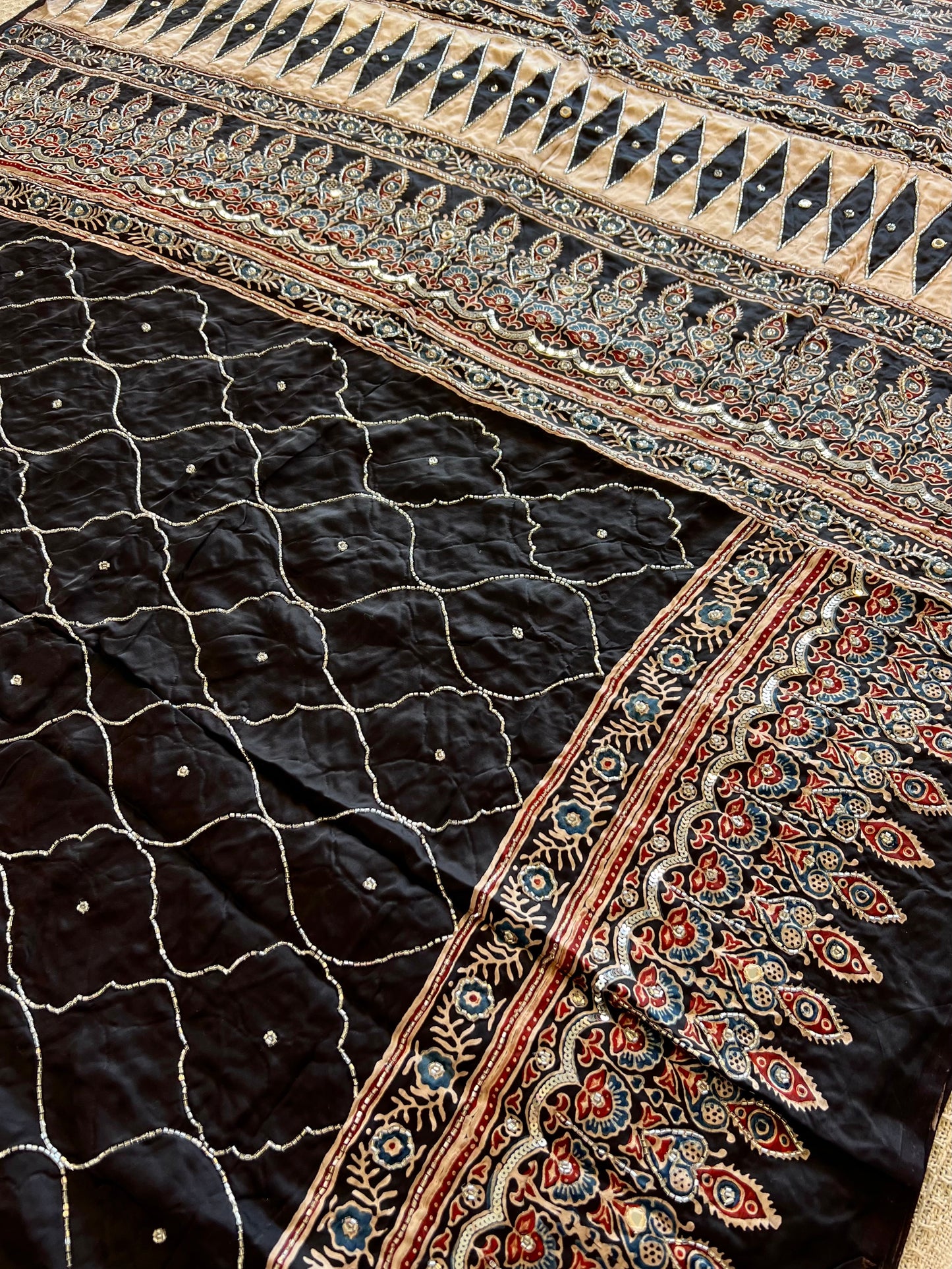 Celestial Night - Pure Modal Ajrakh Hand Embroidered Saree