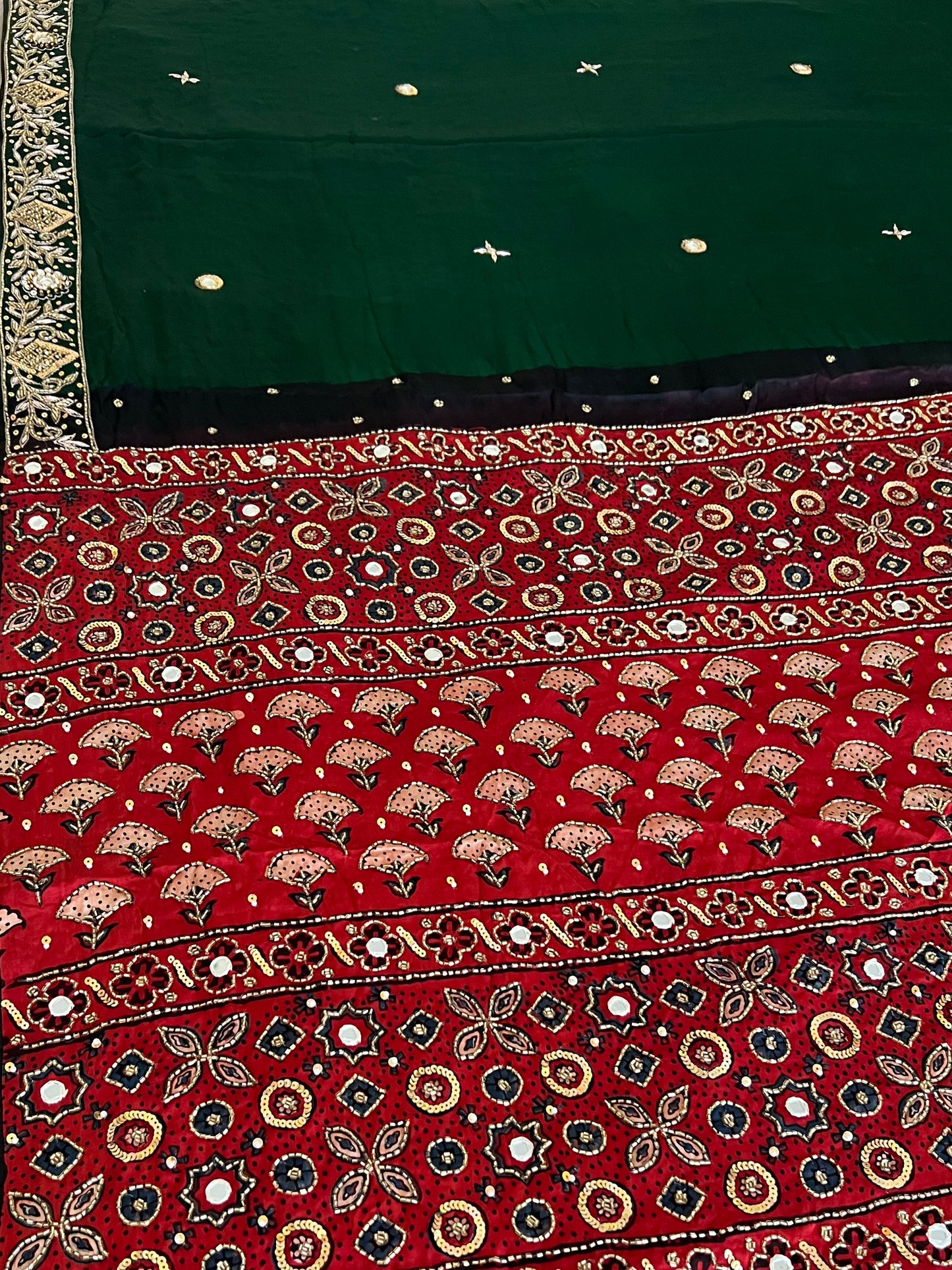 GREEN AFFAIR - Pure Modal Ajrakh Hand Embroidered Saree