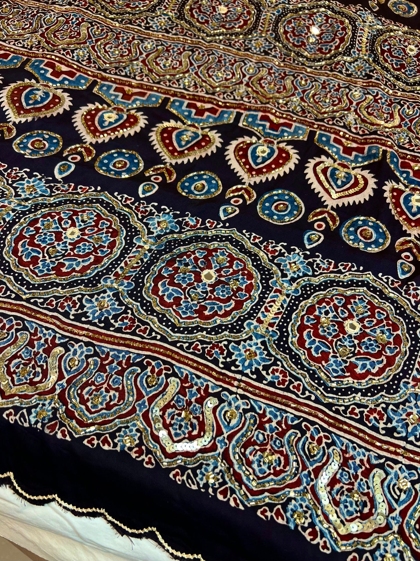 MIDNIGHT SHIMMER - Pure Modal Ajrakh Hand Embroidered Saree