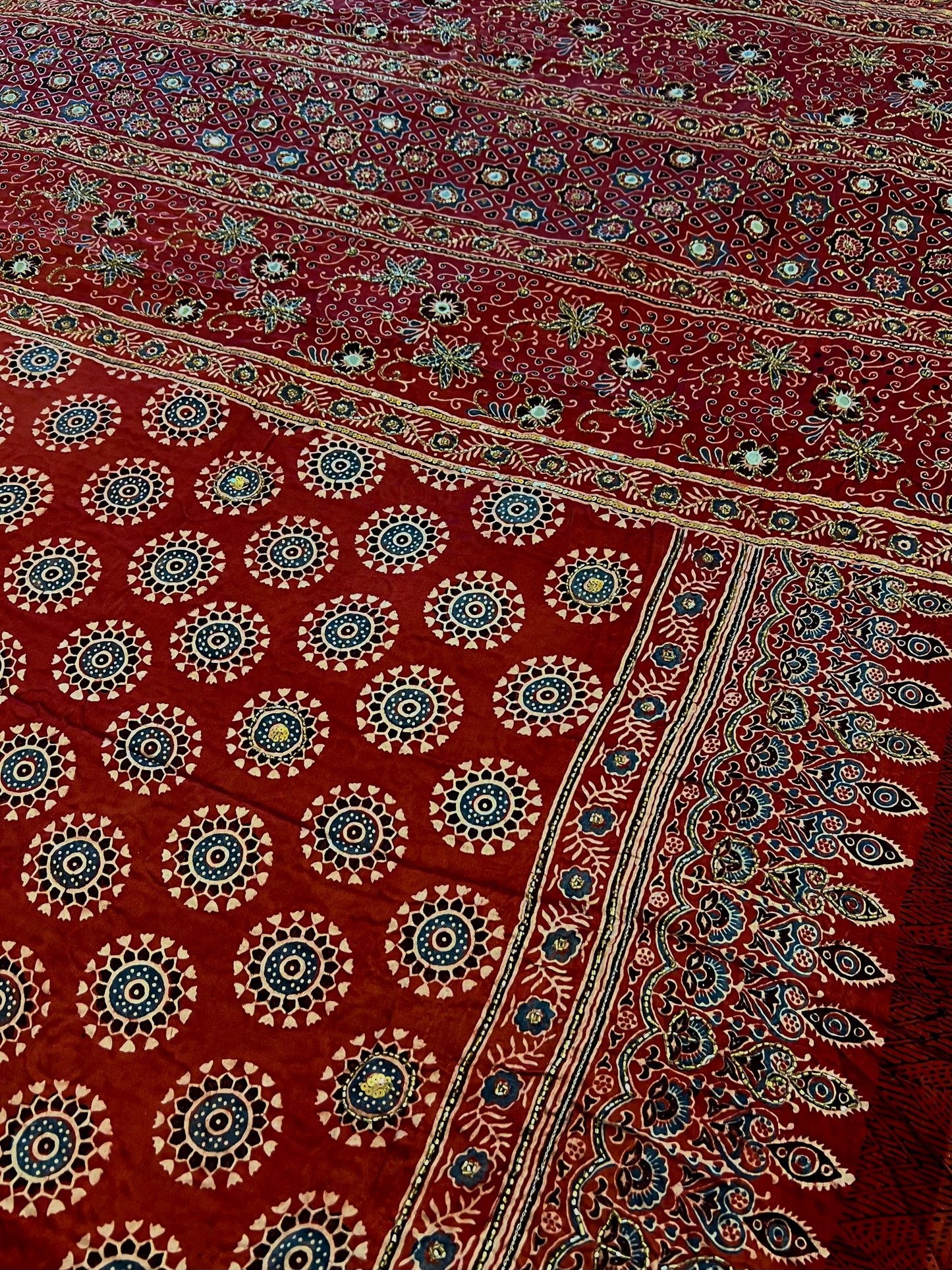GARNET BLOOM - Pure Modal Ajrakh Hand Embroidered Saree