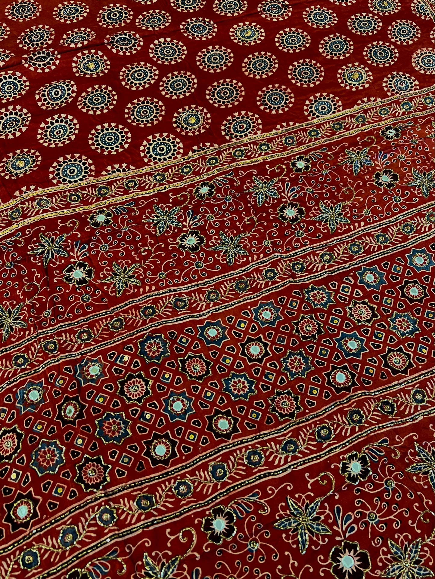 GARNET BLOOM - Pure Modal Ajrakh Hand Embroidered Saree