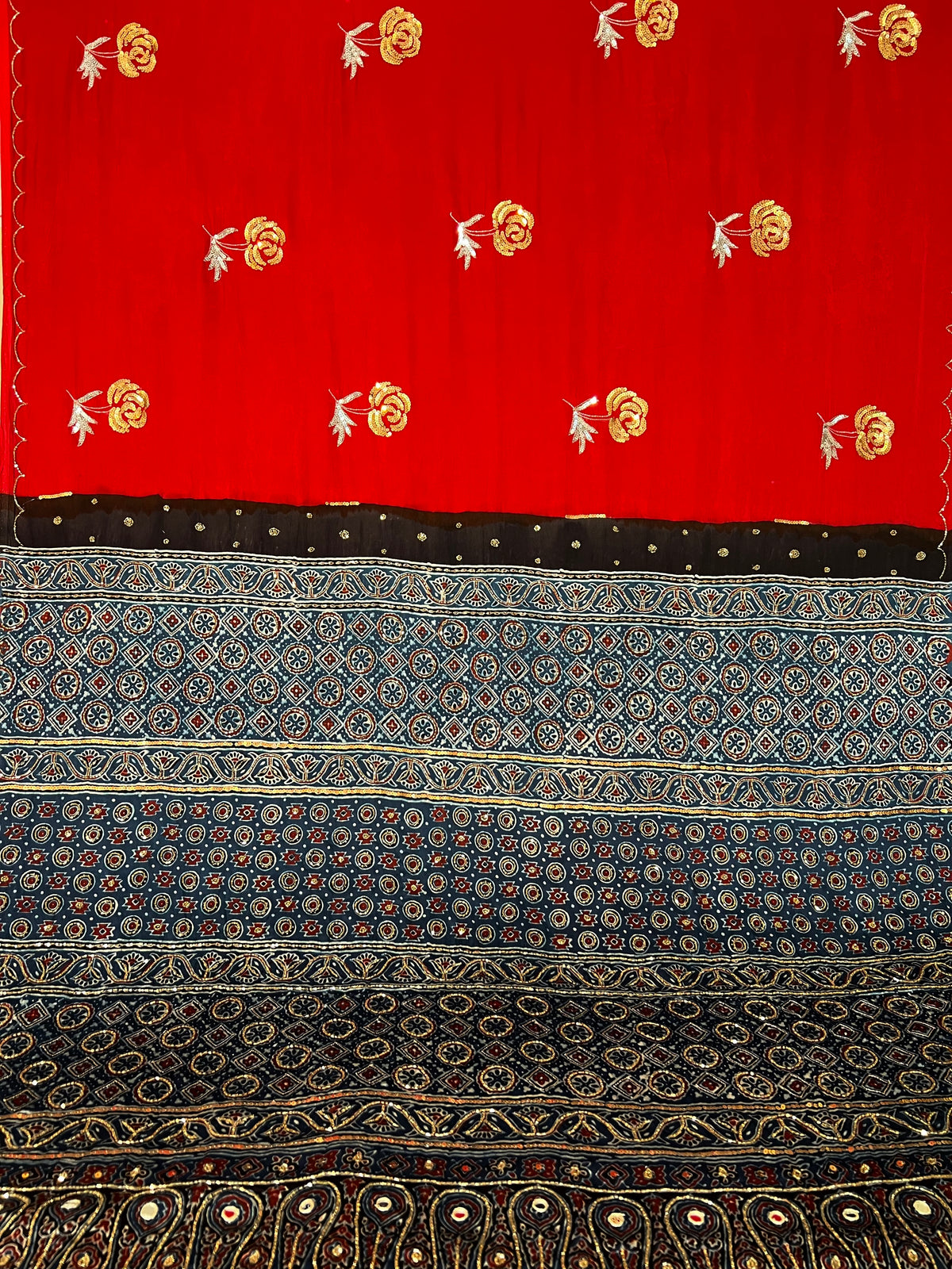 POPPY ROSE - Pure Modal Ajrakh Hand Embroidered Saree
