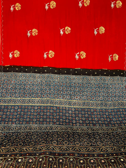 POPPY ROSE - Pure Modal Ajrakh Hand Embroidered Saree