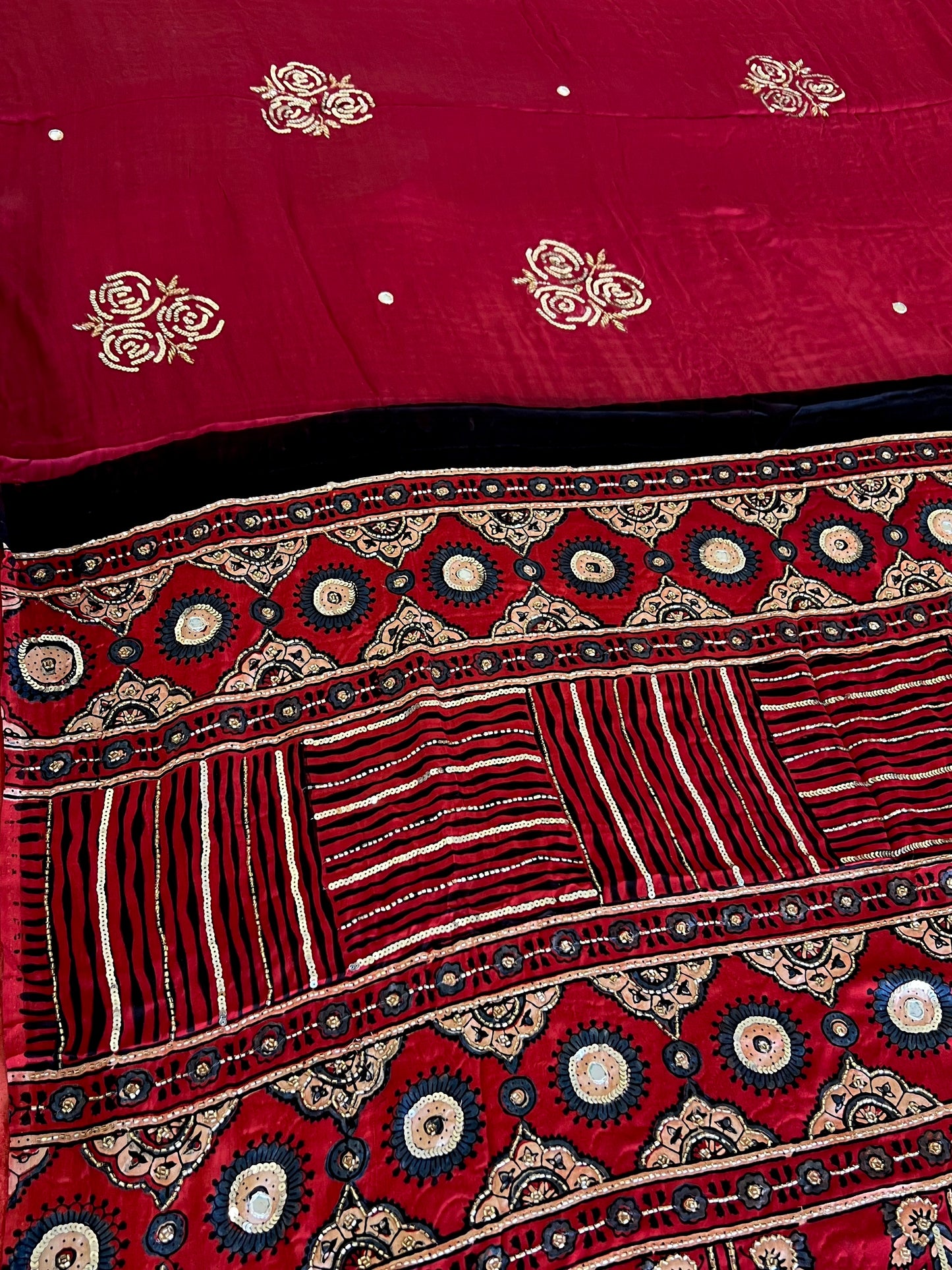 FLAME ROSE - Pure Modal Ajrakh Hand Embroidered Saree