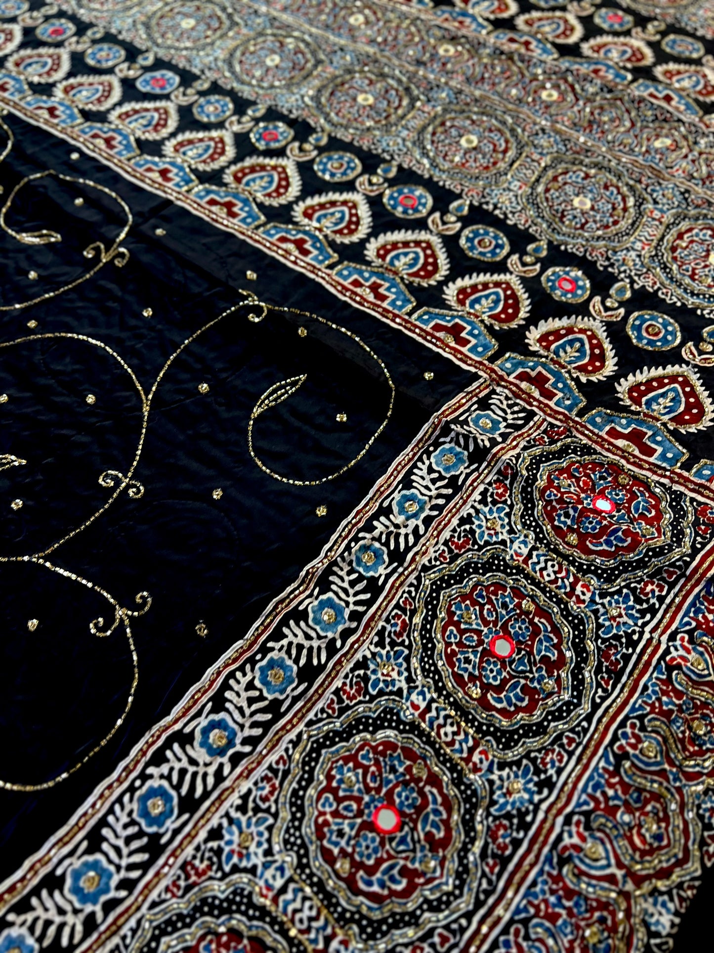 MIDNIGHT SHIMMER - Pure Modal Ajrakh Hand Embroidered Saree
