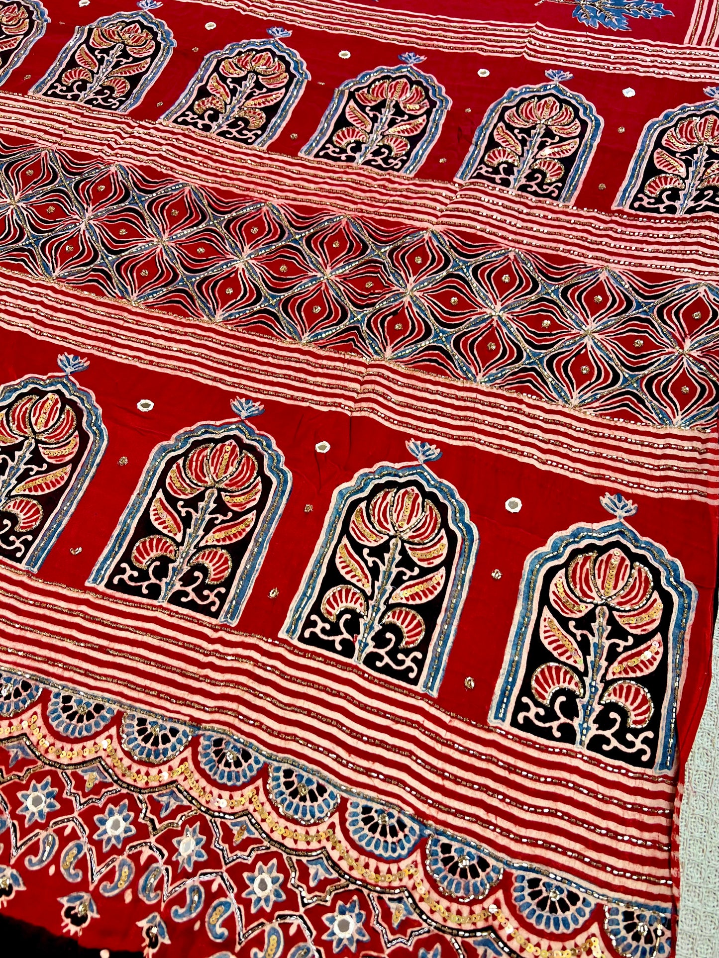 CRIMSON BLOOM - - Pure Modal Ajrakh Hand Embroidered Saree