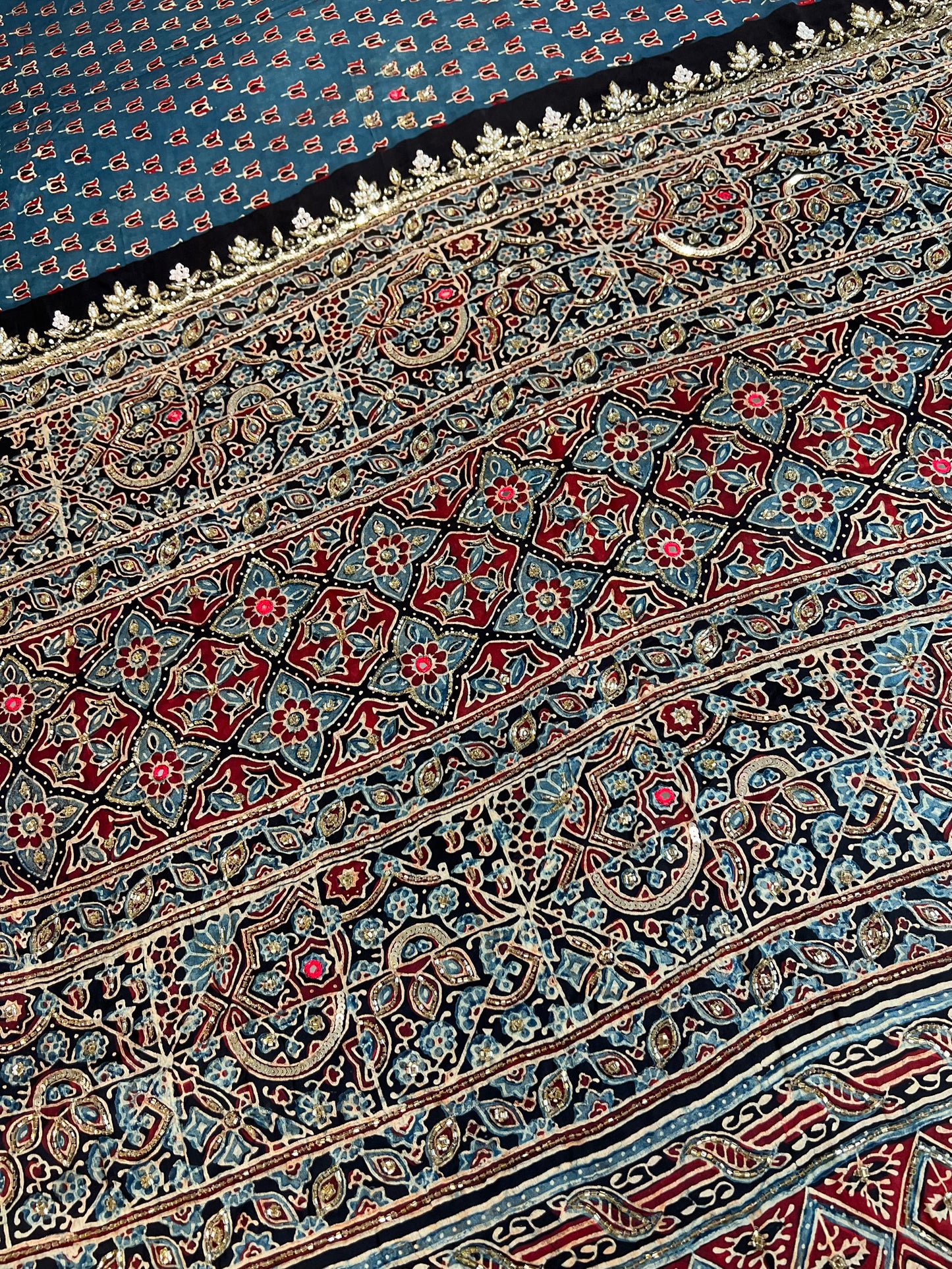 BLUE MEADOW - Pure Modal Ajrakh Hand Embroidered Saree