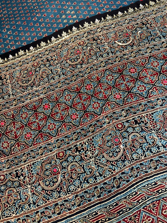 BLUE MEADOW - Pure Modal Ajrakh Hand Embroidered Saree