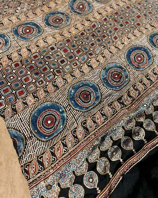 Black and Beige Pure Modal Ajrakh Hand Embroidered Saree