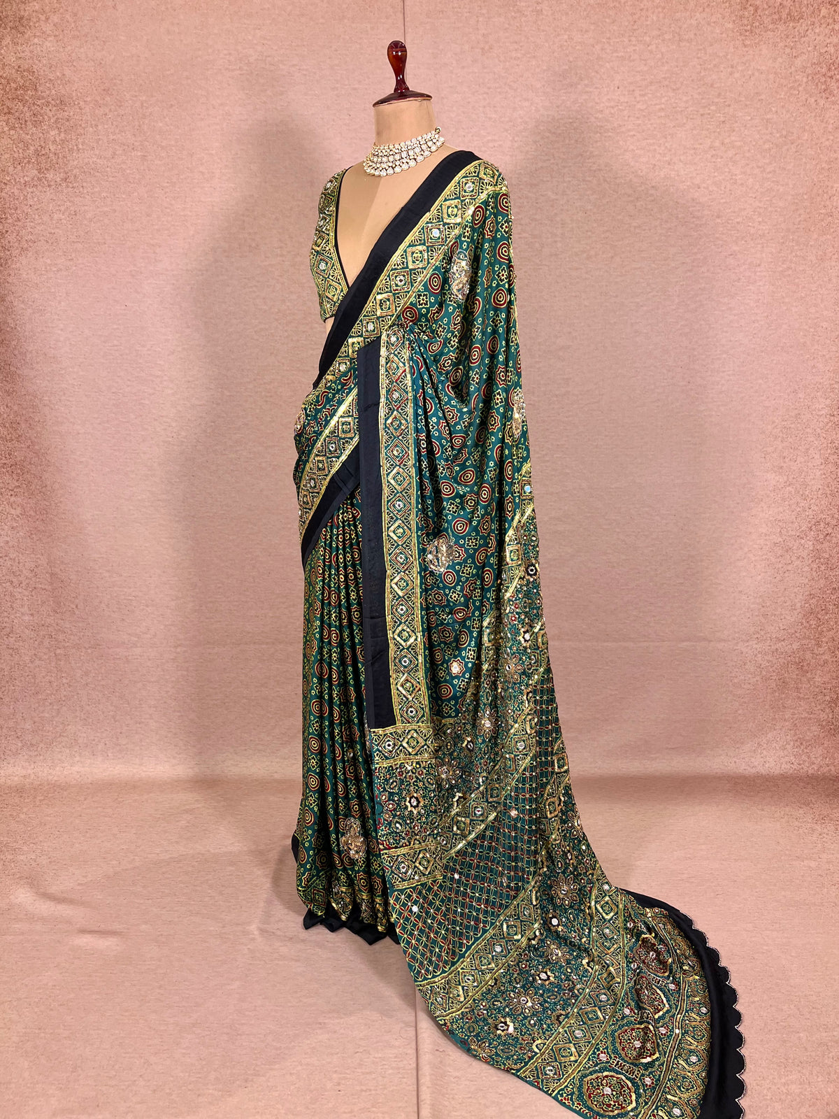 GLITTER ALLURE - Pure Modal Ajrakh Hand Embroidered Saree