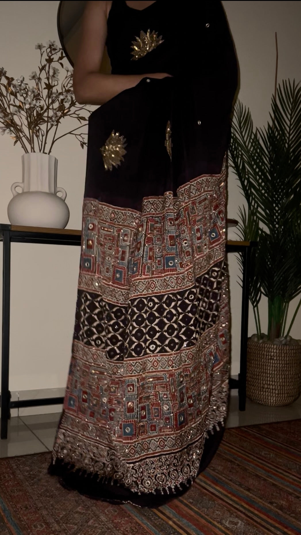 COSMIC LOTUS - Pure Modal Ajrakh Hand Embroidered Saree