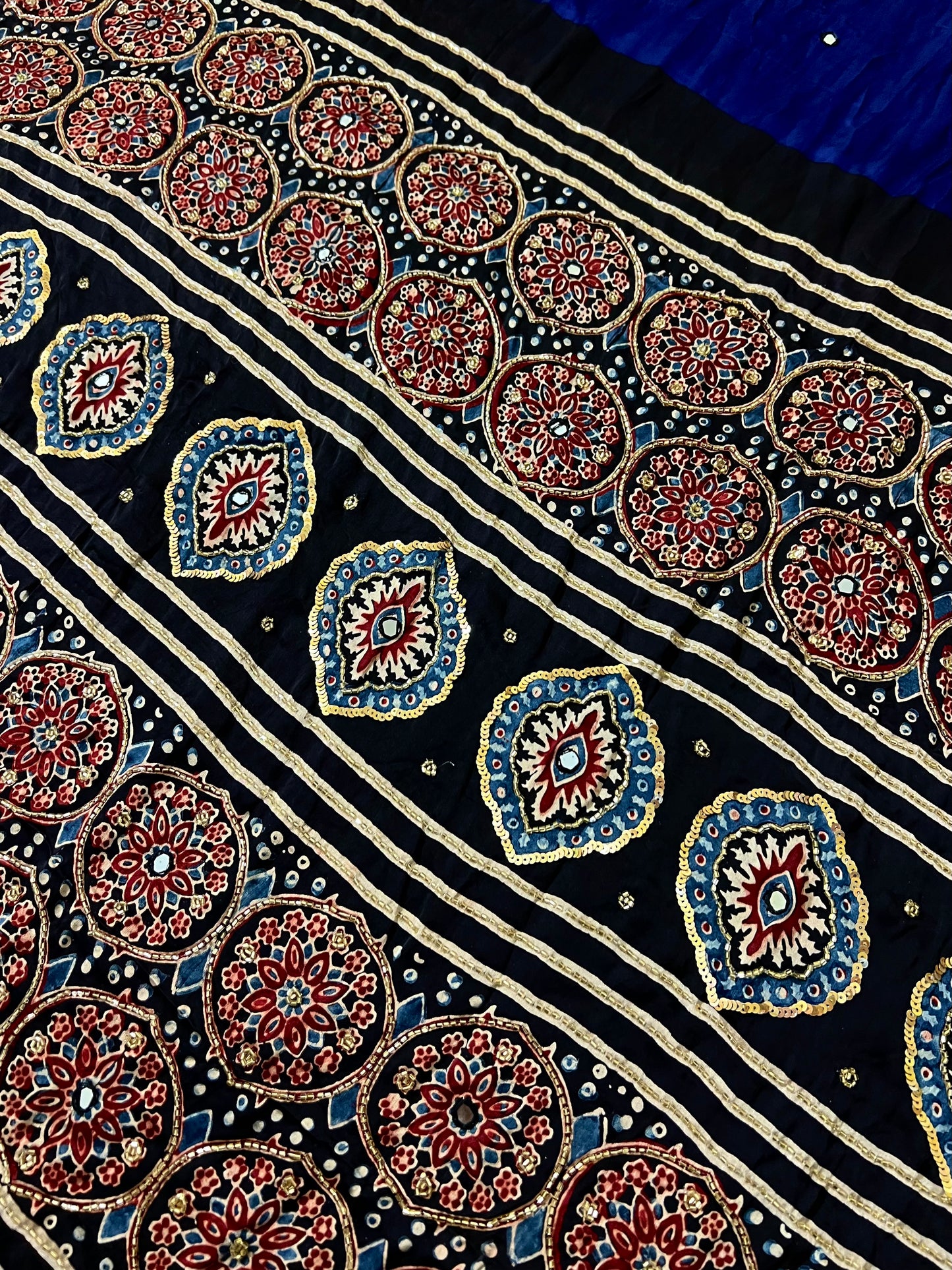 SAPPHIRE ROSE - Pure Modal Ajrakh Hand Embroidered Saree