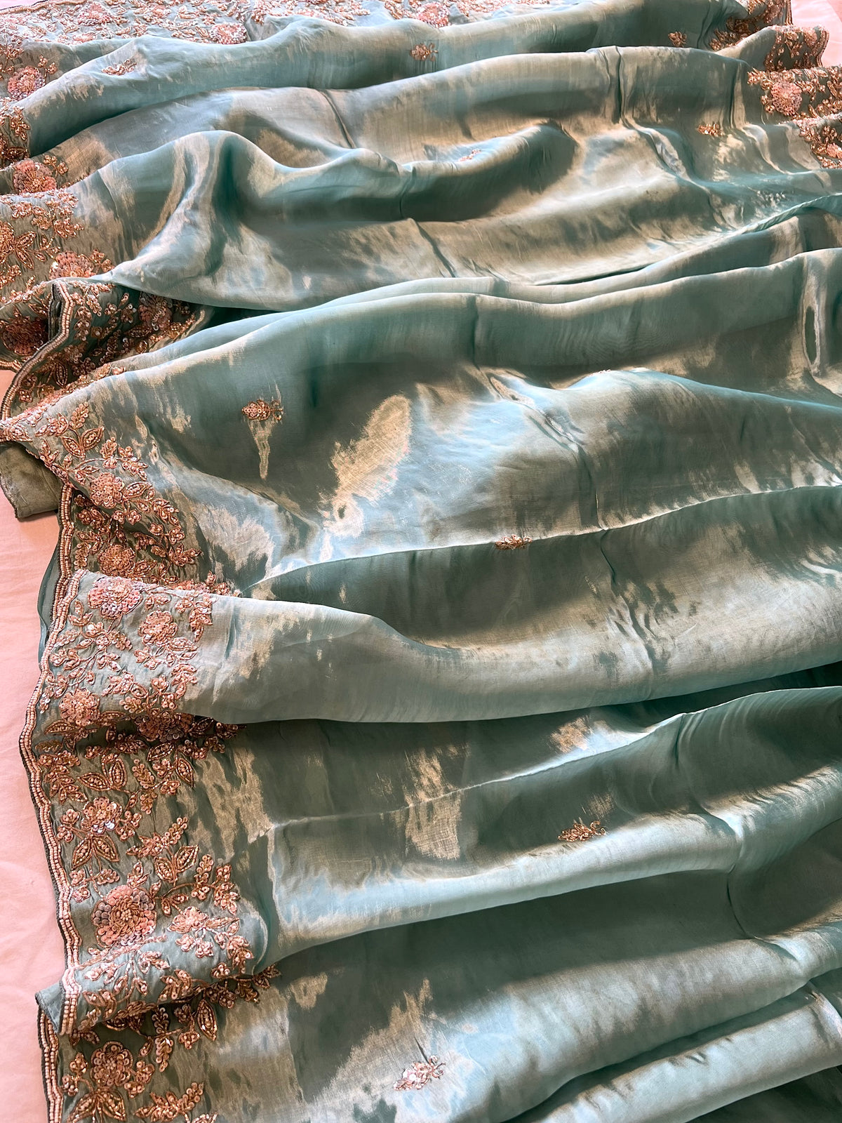 ZUBAIDAA - Pure Chinnon Satin Zardosi Pitta Hand Embroidered Saree