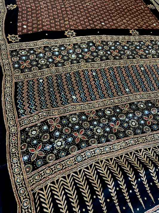 COCOA BLOOM - Pure Modal Ajrakh Hand Embroidered Saree