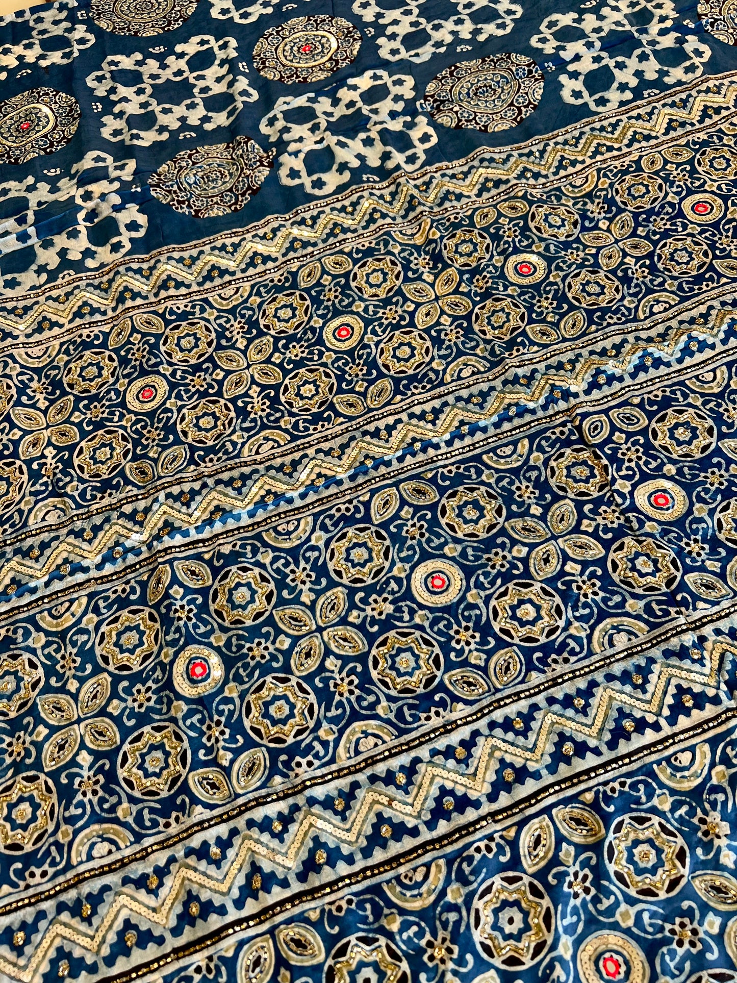 INDIGO LUMIÈRE - Pure Modal Ajrakh Hand Embroidered Saree