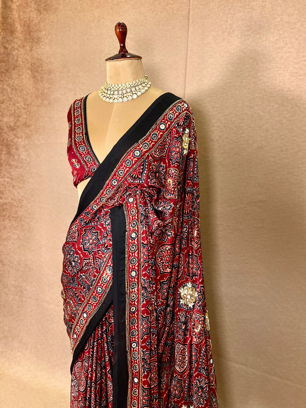 CARMINE MUSE - Pure Modal Ajrakh Hand Embroidered Saree