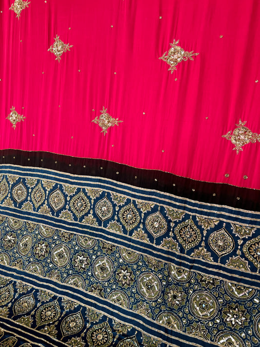 WHIMSY ROSE - Pure Modal Ajrakh Hand Embroidered Saree