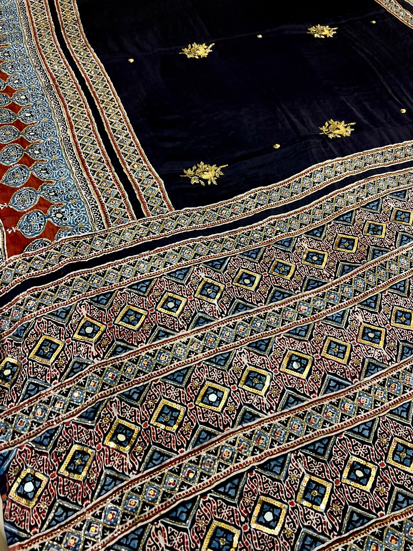 MIDNIGHT LUXE - Pure Modal Ajrakh Hand Embroidered Saree