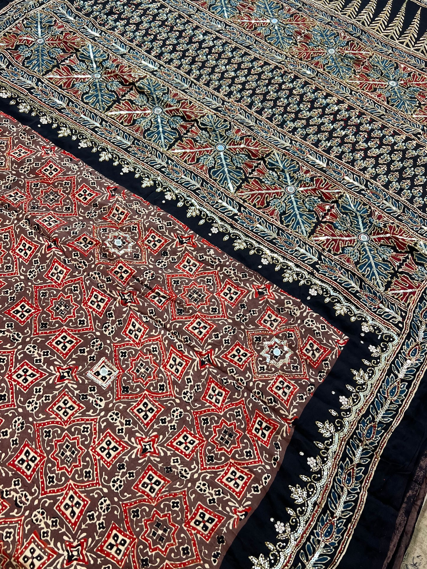 RUSTIC VELVET - Pure Modal Ajrakh Hand Embroidered Saree