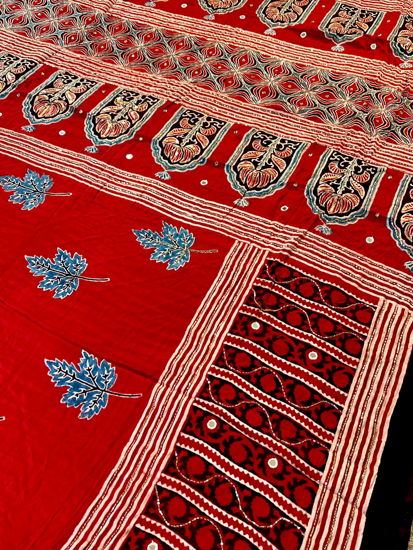 CRIMSON BLOOM - - Pure Modal Ajrakh Hand Embroidered Saree