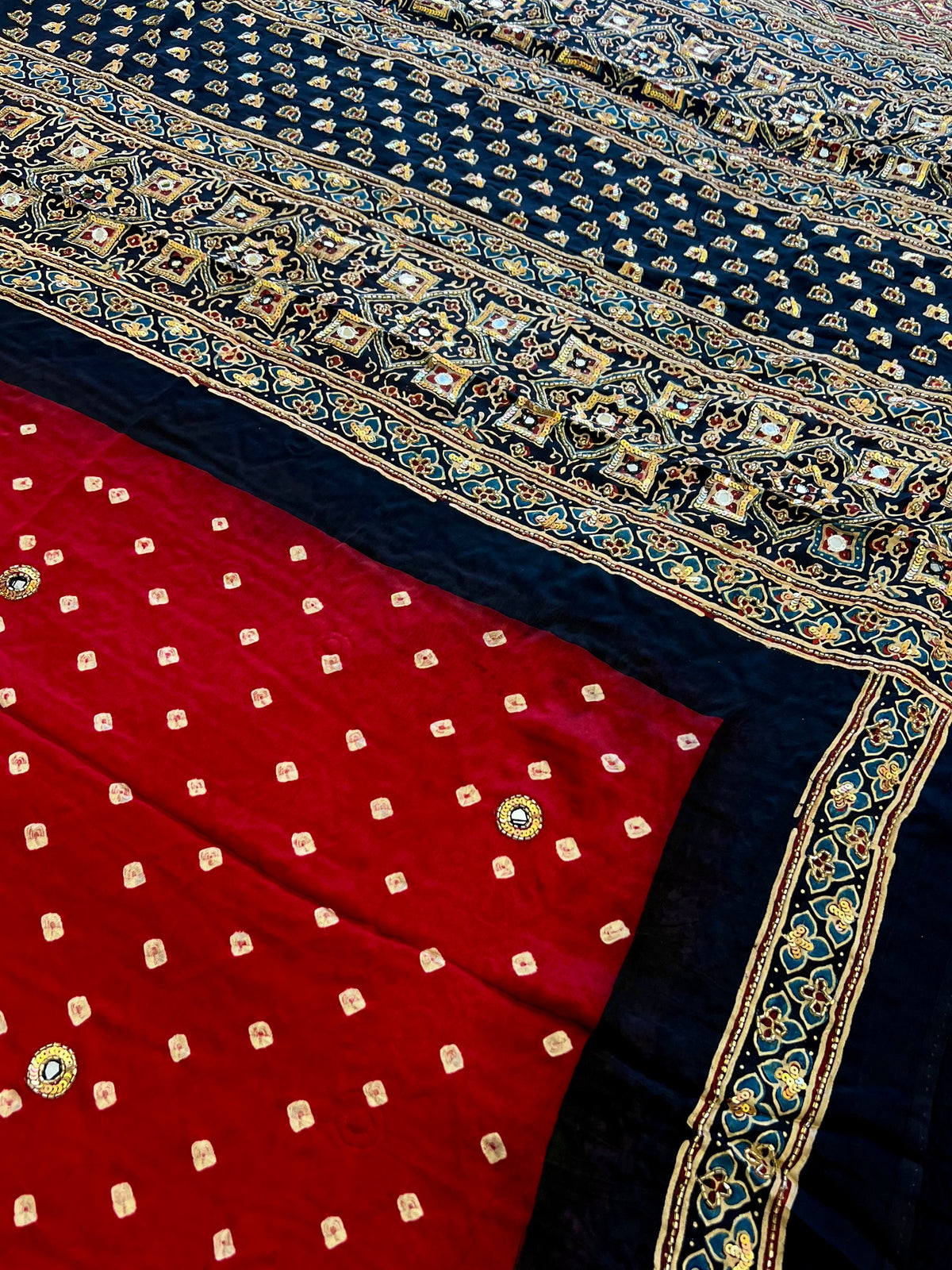 RED GRANDEUR - Pure Modal Bandhani Ajrakh Hand Embroidered Saree