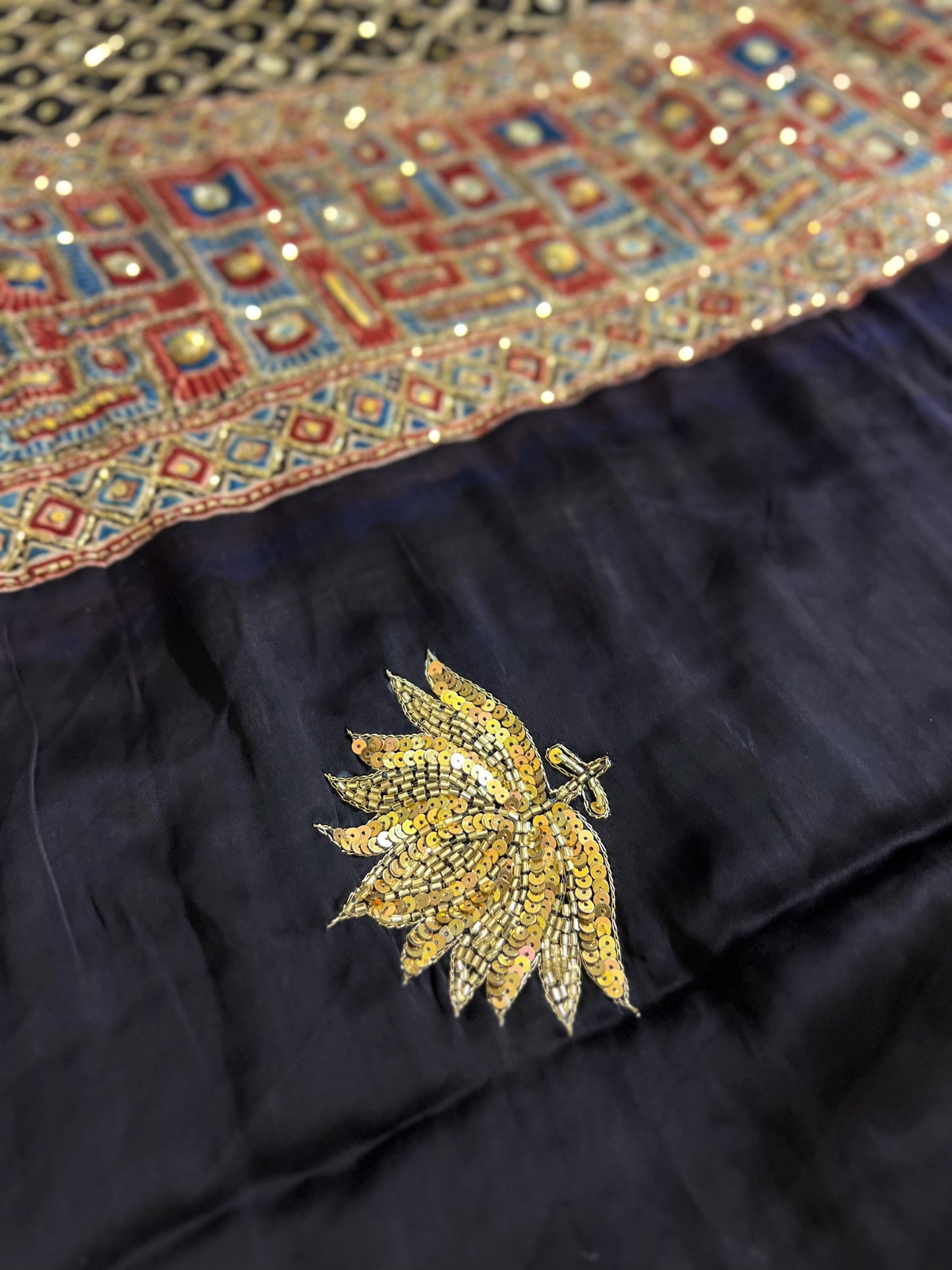 COSMIC LOTUS - Pure Modal Ajrakh Hand Embroidered Saree