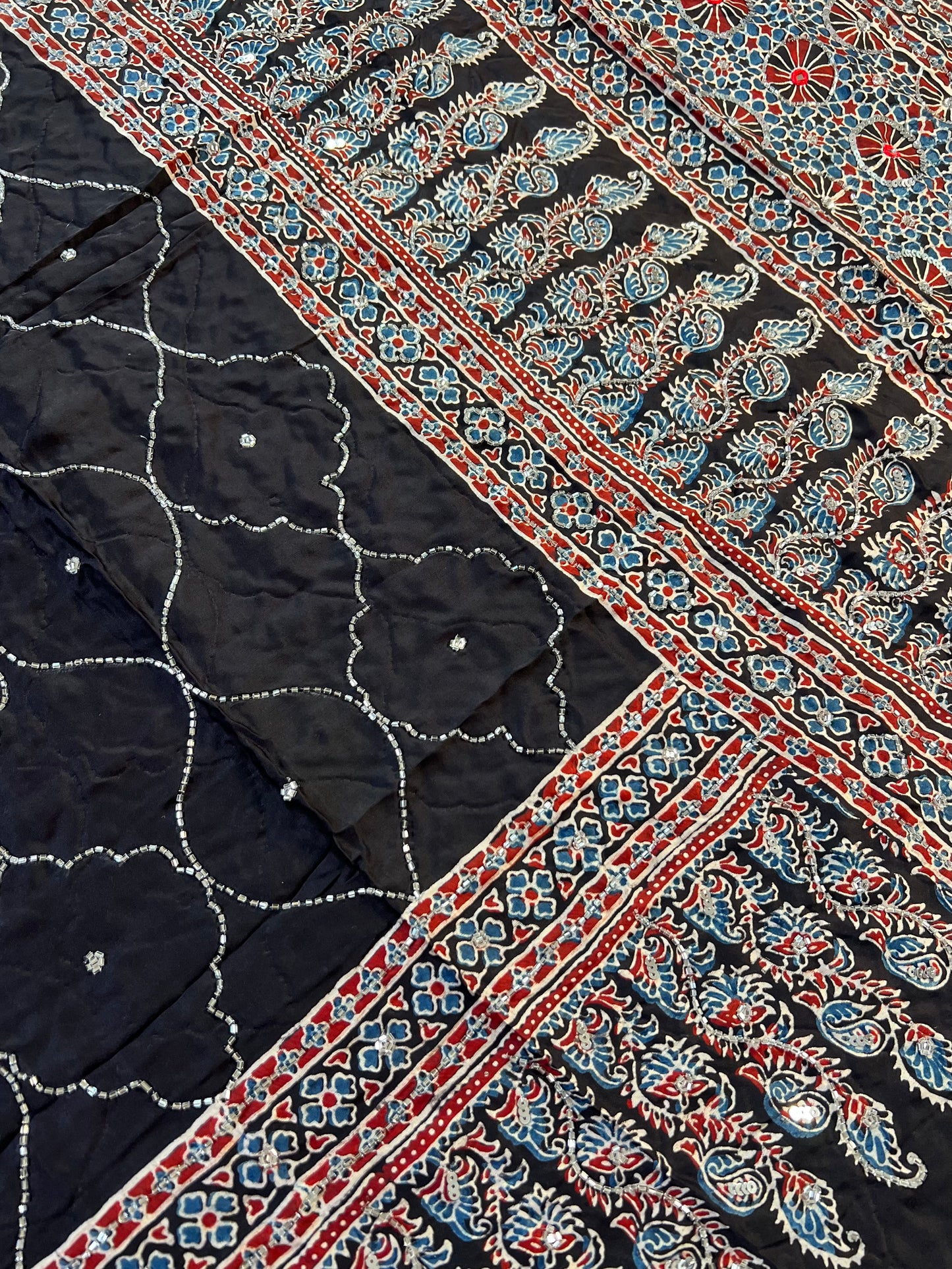 MIDNIGHT IVY - Pure Modal Ajrakh Hand Embroidered Saree